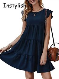 Basic Casual Dresses Womens Elegant Ruffled Mini Dress Casual Solid O-Neck Beach Party Sundress Simple and Unique Loose Short Skirt Vintage Homestay Vestido Y240504