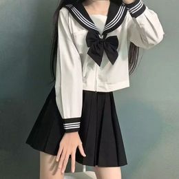 Japanese School Uniform Girls Plus Size Jk Suit Black Tie White Three Basic Sailor Women Long Sleeve 240530