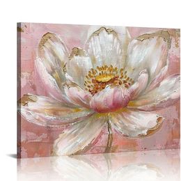 Large Pink Lotus Flower Wall Art Abstract Golden Floral Painting Canvas Prints Zen Artwork for Home Office Living Room Decor Gallery Wrapp Ready to Hang