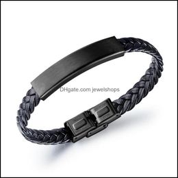 Charm Bracelets Fashion Jewelry Mens Black Charm Handmade Braid Leather Bracelet Finding Stainless Steel Design Diy Punk Hip Hop Brace Otjxt