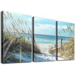 Beach Artwork Seascape Wall Art: Seaside Framed Painting Fence Pathway Picture Print on Wrapped Canvas for Living Room 12''x16''X3 Panels