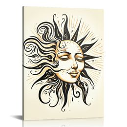 Wall Art Decor Painting Pictures Print On Canvas, Abstract Sun and Moon Framed Canvas Wall Art for Home Decoration Living Room Bedroom Artwork