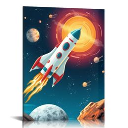 Outer Space Dinosaur Room Decor,Solar System Stars Wall Canvas Poster,Planet Astronaut Art Print,Rocket Decor for Boys Room Toddler Kids Room Classroom Space Decor