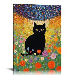 Gustav Klimt Canvas Wall Art Słynie ogrodowe kwiat czarny kot plakat zabawny kot kwiatowy nadruk kolorowy abstrakcyjny domek estetyczny galeria wystroju pokoju do sypialni