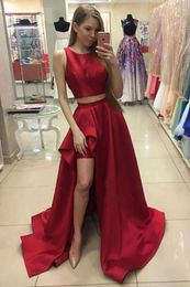 Bury Two Pieces High Low Prom Dresses 2023 Satin A Line Scoop Sleeveless Vestidos Celebrity Evening Party Formal Gown Custom 0530