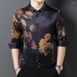 Men's Casual Shirts Vintage Floral 3D Print Men Shirt Real Silk Boutique Long Sleeve Spring Quality Soft Comfortable Oversized Banquet