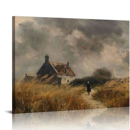 Vintage Framed Canvas Print Wall Art, Vintage Landscape Wall Art, Natural Scenery Farmhouse Wall Decor for Living Room, Office (Cottage in the Dunes)