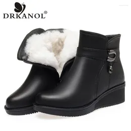 Boots DRKANOL Big Size 42 43 Women Winter Snow Round Toe Wedges Heel Natural Wool Fur Ankle For Shearling Warm Shoes