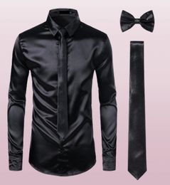Black Mens Silk Dress Shirts 3PcsShirt TieBowtie Smooth Satin Shirt Men Slim Fit Party Prom Casual Shirts Men Social Camisa 201751944