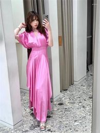 Casual Dresses Women V-Neck Pink Satin Midi Dress Summer 2024 Ladies Short Sleeve Elastic Waistband Pleated Irregular Mid-Length Robe