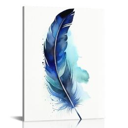 Feather Canvas Wall Art for Living Room Bedroom Modern Artwork Blue Watercolor feather Print picture Wall Decor for Home Office Decoration