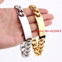 Link Bracelets 9" 15mm Smooth Cut Curb Cuban Chain 316L Stainless Steel ID Bangle Bracelet Mens Boys Jewellery Silver Gold Colour