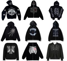 Mens Hoodies Sweatshirts Rhines Spider Web Skeleton Print Black Y2k Goth Longsleeve Full Zip Hoodies Oversized Jacket America1395097