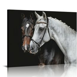 White Black Horses Wall Art Framed Canvas Prints Living Room Office Farm Equestrian Decor Animal Couple Poster Painting Picture Ready to Hang Gift