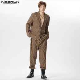 INCERUN 2024 American Style Sets Mens Stylish Checkered V-neck Shirts Long Pants Casual Streetwear Male Suit 2 Pieces S-5XL 240530