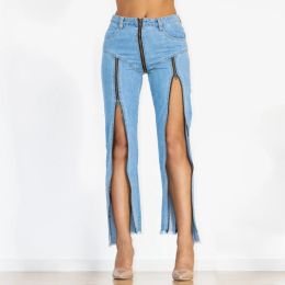 Shascullfites Dance Denim Pants Light Blue Women Trend Front To Back Zipper Jeans Pants Open Crotch Jeans