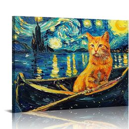 Badezimmer Wanddekoration Bauernhaus Badezimmer Wandkunst Van Gogh Sternennacht Katze Malmalerei Bild Canvas Print gerahmt Kunstwerke für Waschraum Toilette Badezimmerdekoration