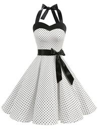 Women Polka Dot Print Summer Dress Sexy Retro White Halter Vintage Dress Robe Femme Pin Up Rockabilly Party Dress 240530