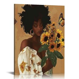 Framed Abstract African American Black Woman Canvas Wall Art, Boho Fashion Flower Art print, Black Women Bedroom Home Decor, Black Girl Poster