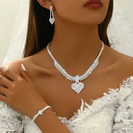 5Pcs Heart Rhinestone Cubic Zirconia CZ Bridesmaids Statement Choker Necklace Dangle Earrings Link Bangle Bracelet Ring Set for Bride Party Costume Jewelry