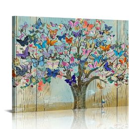 Butterfly Canvas Art Framed Rustic Tree of Life Wall Print Wood Background Painting Picture for Farmhouse Cabin Decorations Ready to Hang