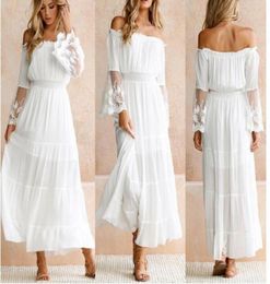 2020 Summer Sundress Women White Beach Dress Strapless Long Sleeve Loose Sexy Off Shoulder Lace Boho Chiffon Maxi Dress1545941