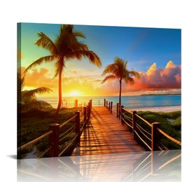 Tropical Beach Painting Decor, Palm Tree Sunset Picture Canvas Wall Art, Ocean Canvas Prints for Bedroom, Ready to Hang, Waterproof.