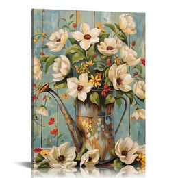 Flower Wall Decor Living Room: Canvas Print Vintage Floral Wall Art for Women Bathroom Framed Ready to Hang