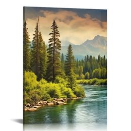 Landscape Canvas Wall Art Mountain Lake Scenery Painting Poster Decoration Forest Nature Picture Prints Modern Wall Artwork for Home Living Room Bedroom Office