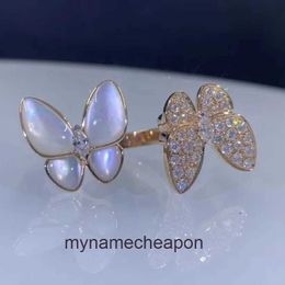 Vancleff High End Jewellery Rings for womens sterling silver white shell butterfly ring plated with 18K rose gold opening double butterfly ring exquisite Original 1:1