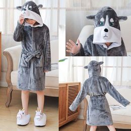 Winter Wolf Children's Bathrobe Clothing for Girls Kids Pamas Unicorn Kigurumi Hooded Robe Flannel Warm Bath Towels L2405