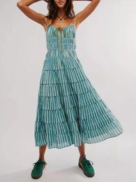 Casual Dresses Women Spaghetti Straps Backless Striped Dress Sleeveless Tie Front Layered Long Swing Summer Beach Midi