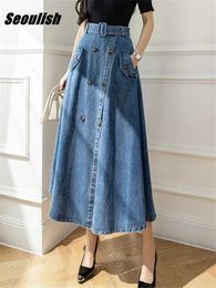 Skirts Seoulish 2022 Womens Denim Long Skirt with Belted High Wasit Double Breasted Umbrella Jeans Skirts Female Straight A-Line Skirt Y240528