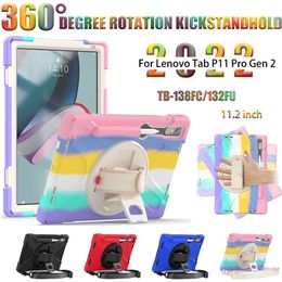 Hand Strap 360 Rotating Stand Tablet Cases For Lenovo Tab P11 Pro 2nd Gen 11.2 inch Anti-drop Shockproof Kids Safe PC + Silicon Cover with Shoulder Strap TB-132FU TB-138FC