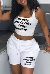 STYLISH LADY Letter Printed White 2 Piece Set Women Sleeveless Crop Top and Shorts Suits 2024 Summer Casual Hip Hop Tracksuits