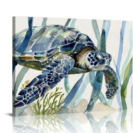 Turtle in Seagrass I Canvas Wall Art Print, Sea Turtle Home Decor Artwork