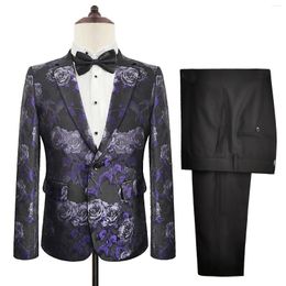 Men's Suits Custom Purple Black Floral Print Bespoke Men Notch Lapel Tuxedos Party Groom Blazer Dress Wedding Wear Outfits 2 Pieces