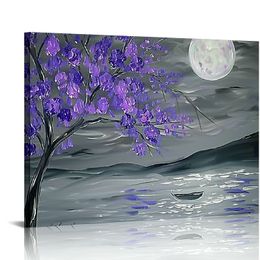 Purple Plum Blossom Tree and Full Moon Poster Canvas Wall Art Modern Home Room Mural Decoration