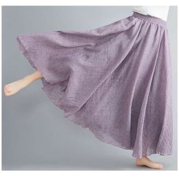 Designer's New Summer Art Loose Size Cotton and Hemp Half Skirt Elastic Waist A-line Long Skirt Solid Colour Pleated Large hem SkirtI0RI