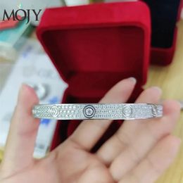 MOJY High Quality 16~21cm PT950 Platinum Bracelet Inlay Moissainte 6mm Wide Three Rows of Full Diamond Couple Jewely for Women 240523