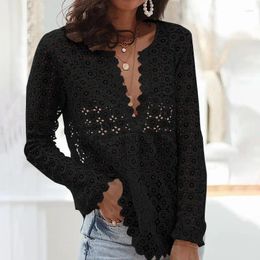Women's Blouses Fashion Deep V-neck Hollow Beach Transparent Shirt Blouse Female Summer Long-sleeved Casual Lace