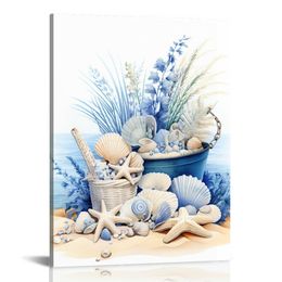 Blue Beach Ocean Theme Flower Picture Wall Art Modern Conch Coastal Seascape Floral in Vase Artwork for Bathroom Bedroom Home Decor Stretched and Framed Ready to Hang