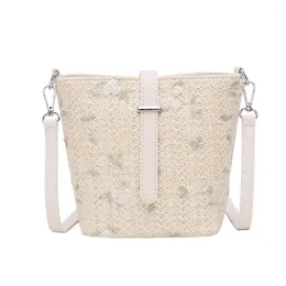 Drawstring Lace Embroidery Straw Bag Women Summer Beach Bucket Burlap Square Shoulder Messenger Bohemia Crossbody Rattan Bolsa#25