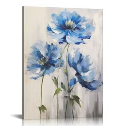 Blue Flower Canvas Wall Art: Bathroom Bedroom Abstract Lotus Floral Painting Picture Modern Botanical Nature Giclee Print Artwork for Living Room Home Decor