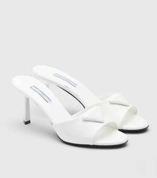 New Summer Walk Designer Womens Brushed Leather Heel Sandals Shoes White Black Open Toe Slippers Mules Lady High Heels Sandal Slipper EU35-43 Box