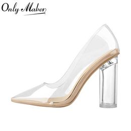 Dress Shoes Women Pointed Toe PVC Clear High Heels Pumps Buckle Chunky Transparent Strip Big Size Summer Pumps H240530