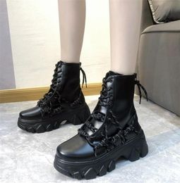 Rimocy Black Punk Style Platform Women Ankle Boots Fashion Cross Strap Chunky Heels Boots Woman Waterproof Pu Leather Shoes 2011043817971
