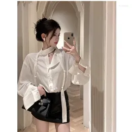 Women's Blouses Korejepo Office Lady Shirt Women Feeling Versatile French Elegant Fashion Niche Ribbon Shirts Pleated Long Sleeved Top 2024