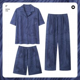 100% cotton men's summer short-sleeved shorts and long pants Thin men's summer plus size three-piece set