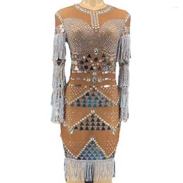 Stage Wear Silver Mirror Rhinestone Transparent Short Dress Prom Party Birthday Fringes Sleeve Women Dancer Costume